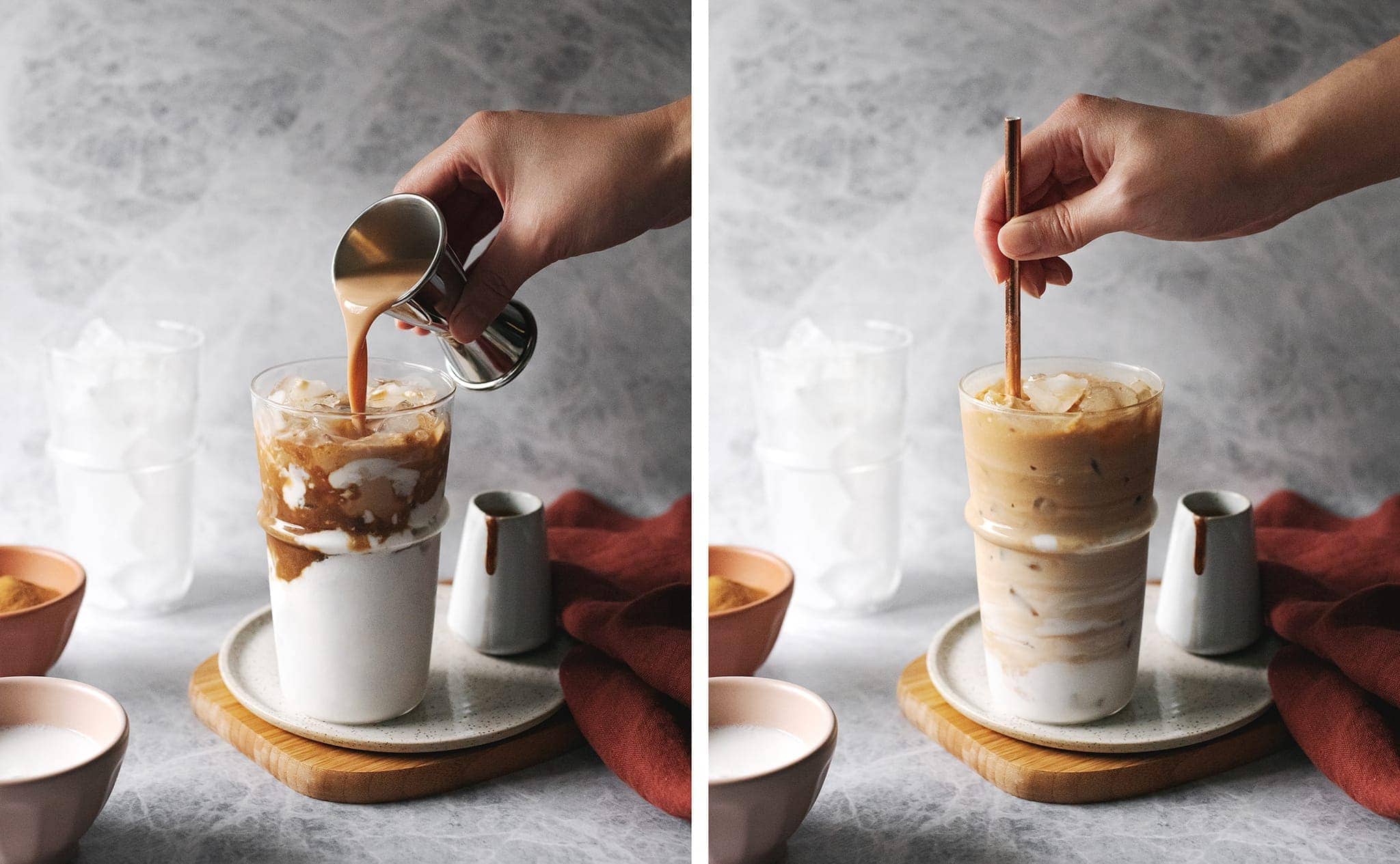 Pouring Amarula into coconut latte and stirring with straw