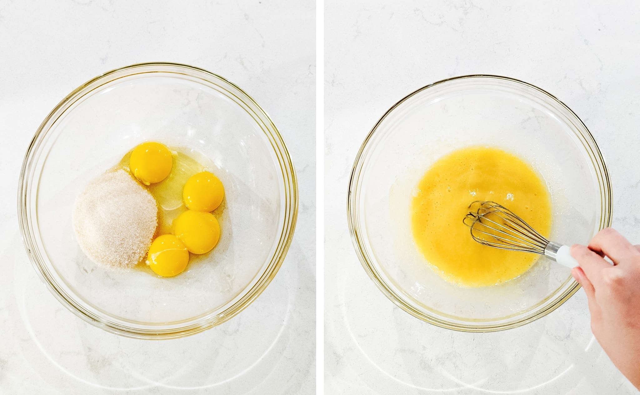 Whisking eggs with sugar in a bowl