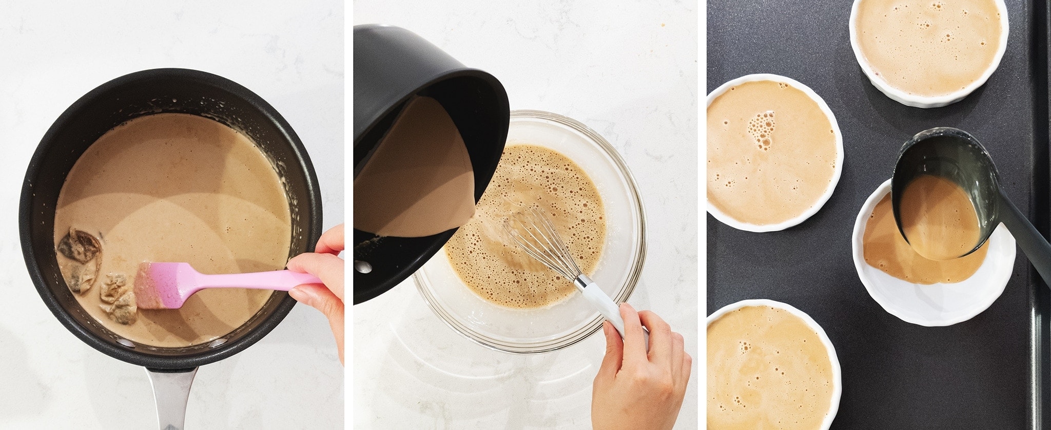 Tempering eggs with earl grey cream and pouring into ceramic pots