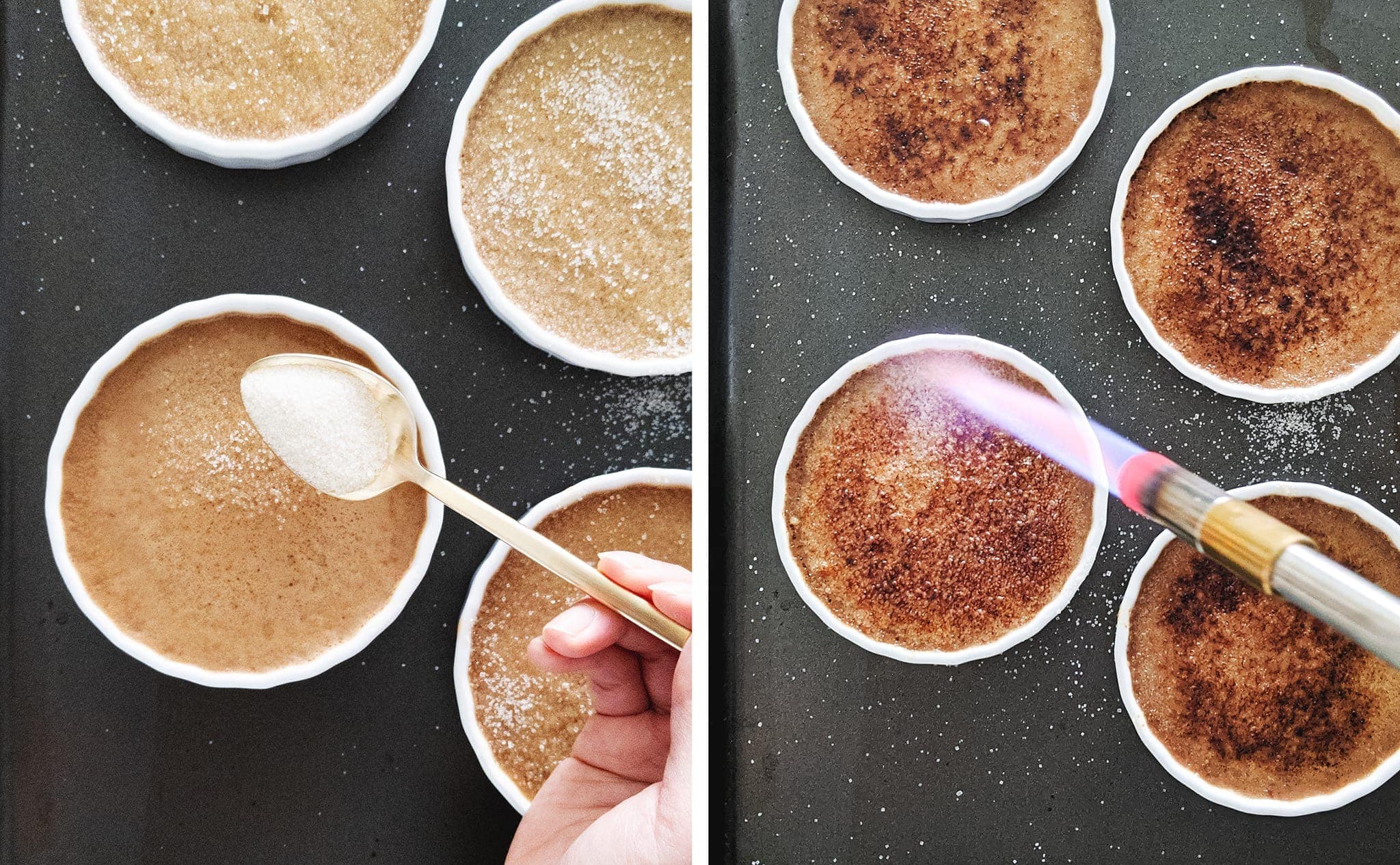 Caramelizing sugar layer with blow torch