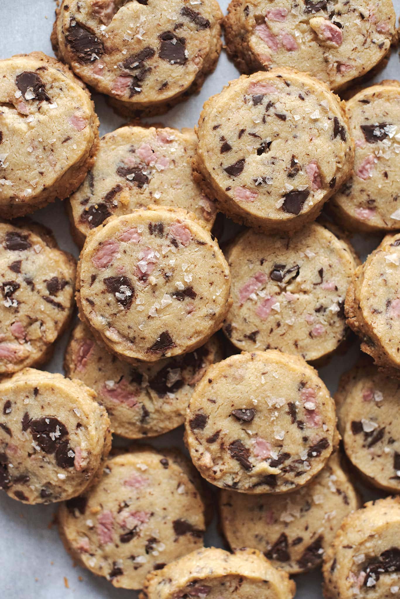 A tray of ruby chocolate shortbread cookies