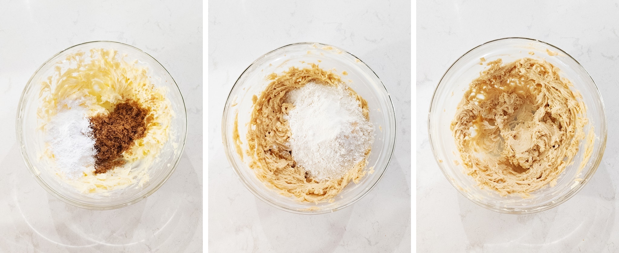 Mixing flour and sugar into butter in a mixing bowl