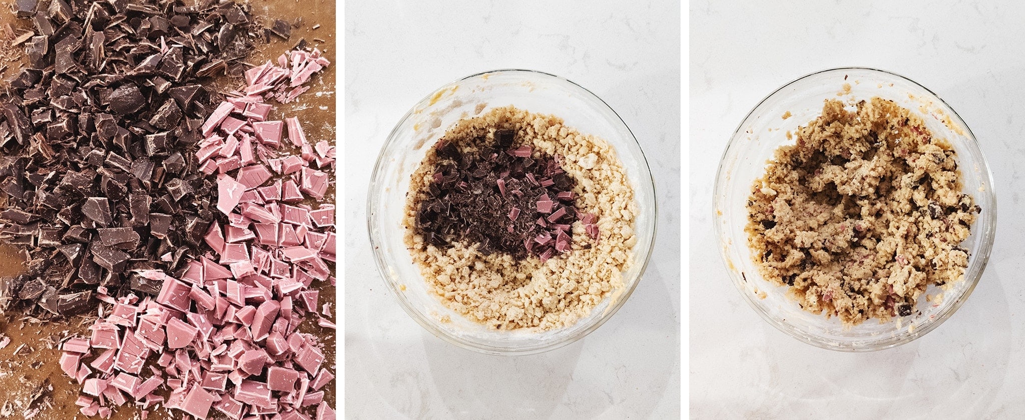 Mixing chopped chocolate into cookie dough