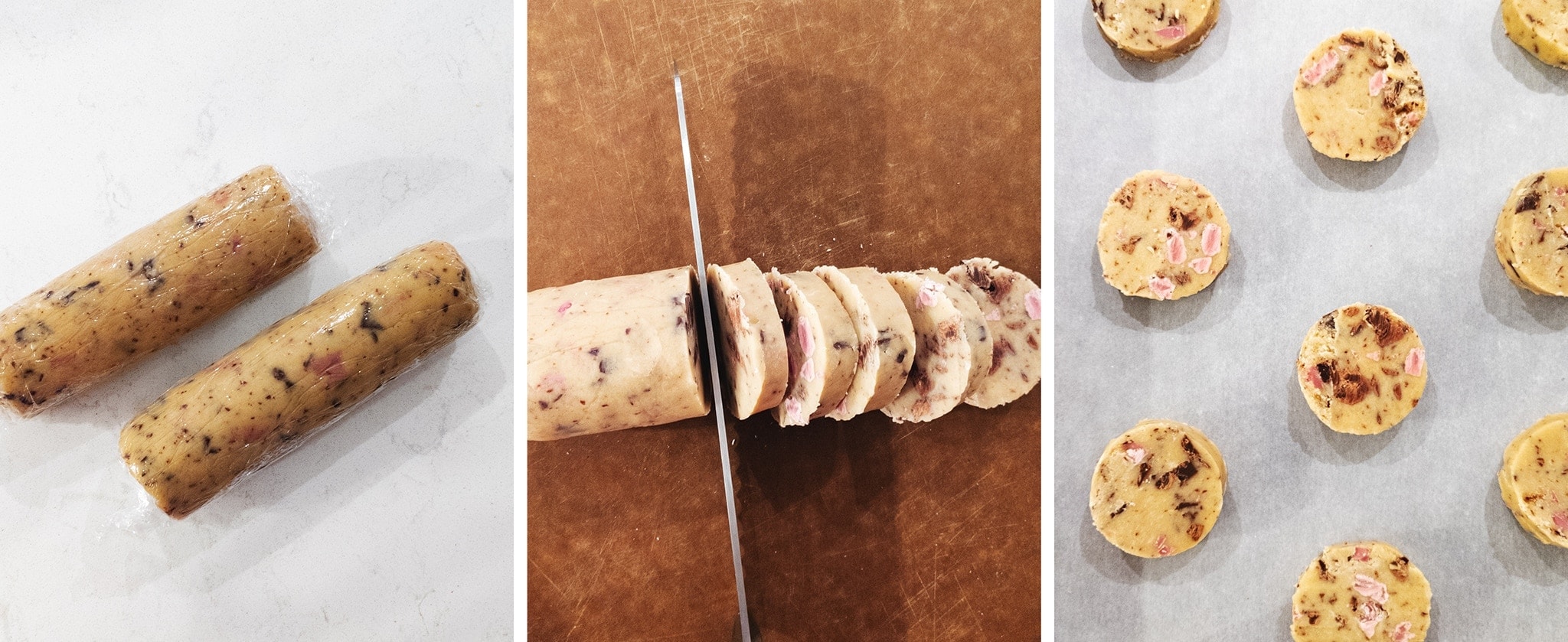 Slicing shortbread cookies from dough logs