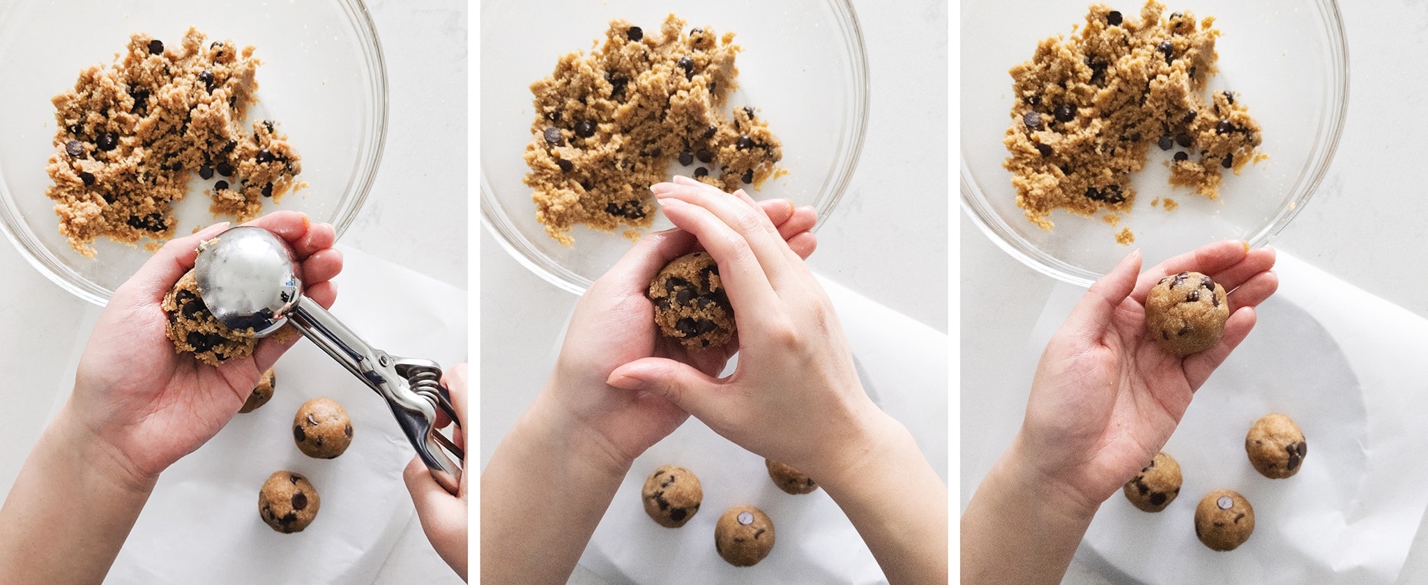 rolling cookie dough into balls in hands