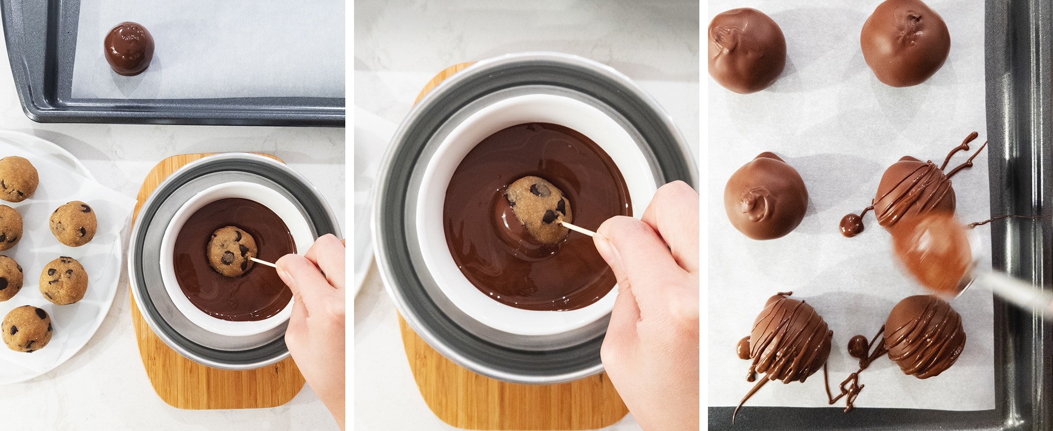 dipping cookie dough balls in melted chocolate
