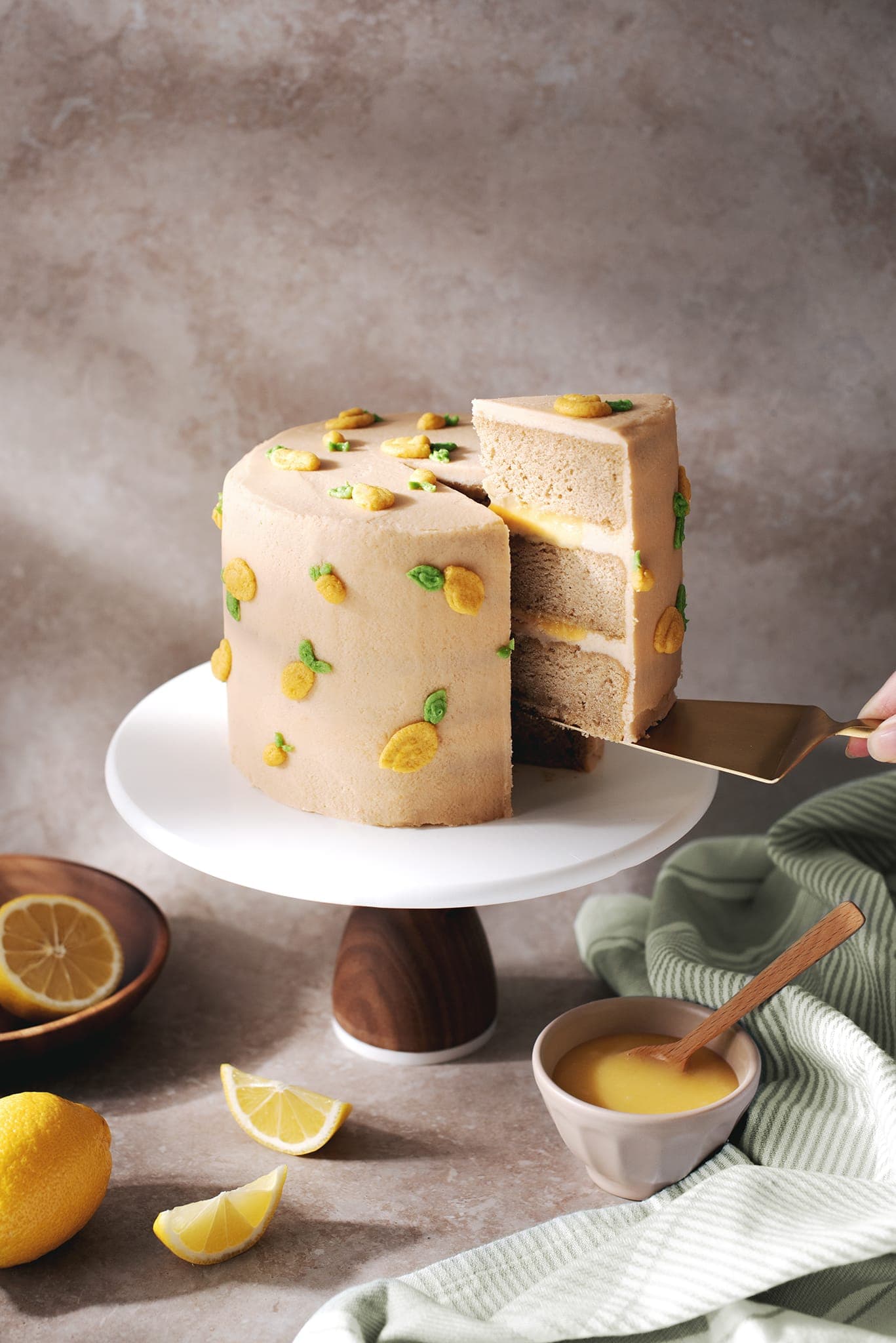Earl grey lemon cake covered in buttercream lemon design