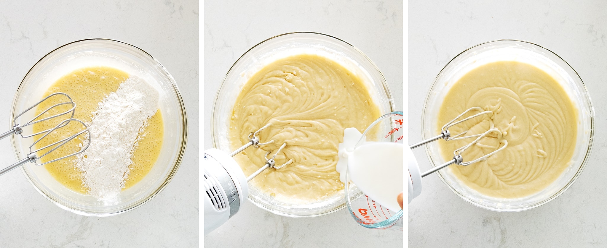 Mixing flour and milk into cake batter