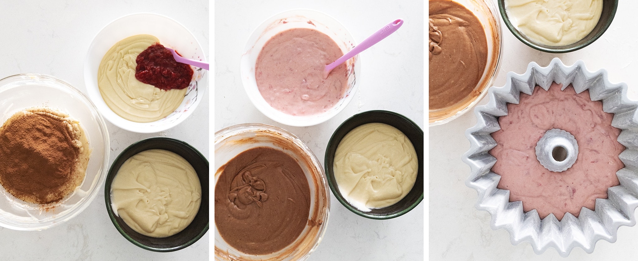 Mixing strawberry, chocolate, and vanilla flavours in separate bowls