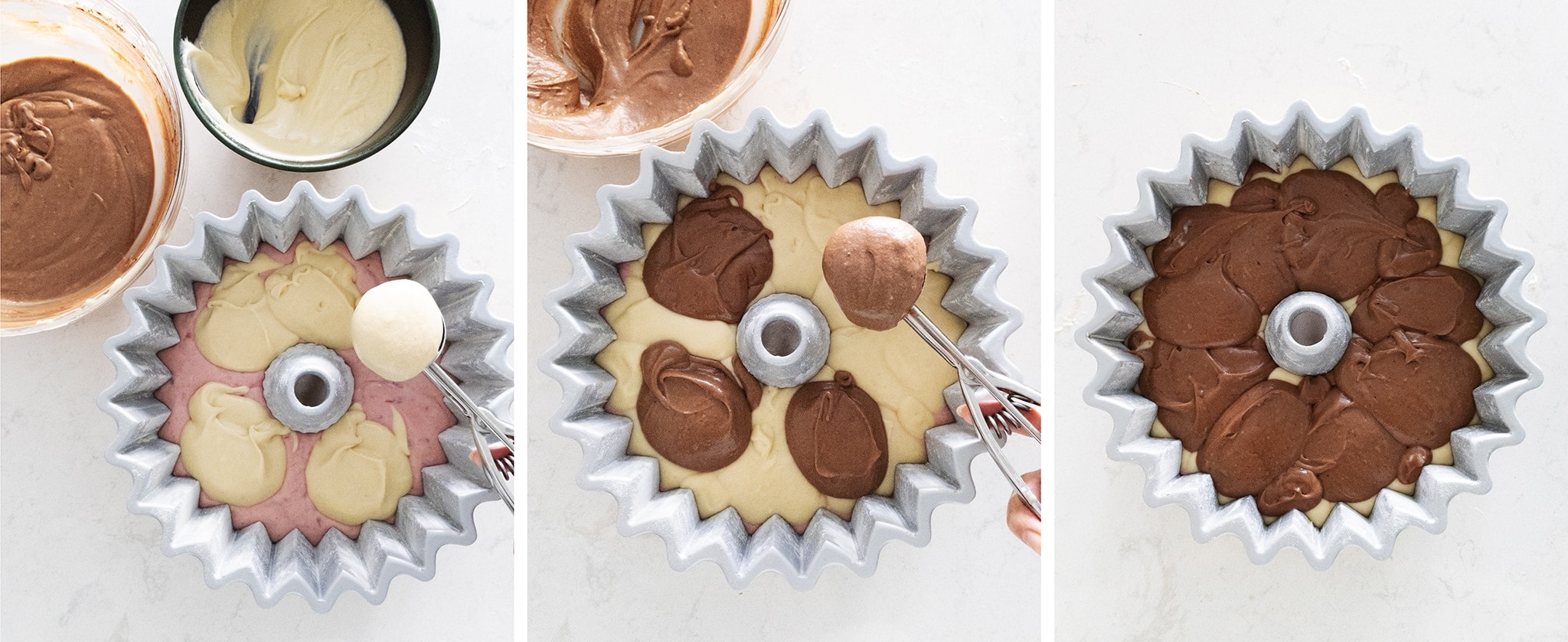 Spooning different flavoured batters into bundt cake pan