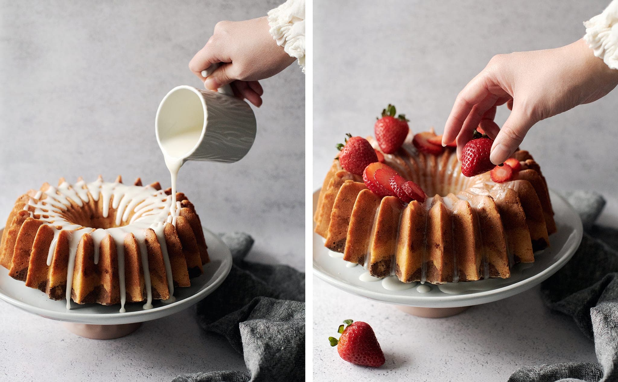 Pouring glaze and putting strawberries on bundt cake