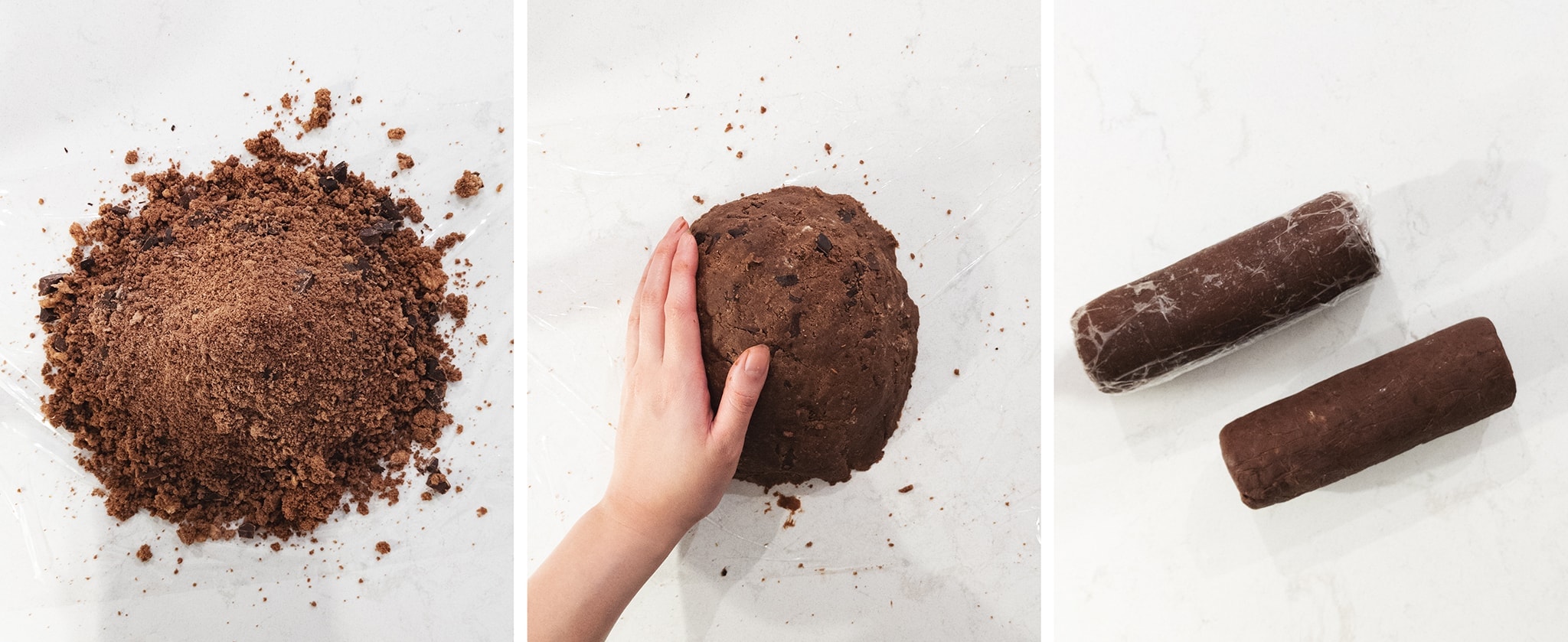 Pressing chocolate cookie dough together into logs