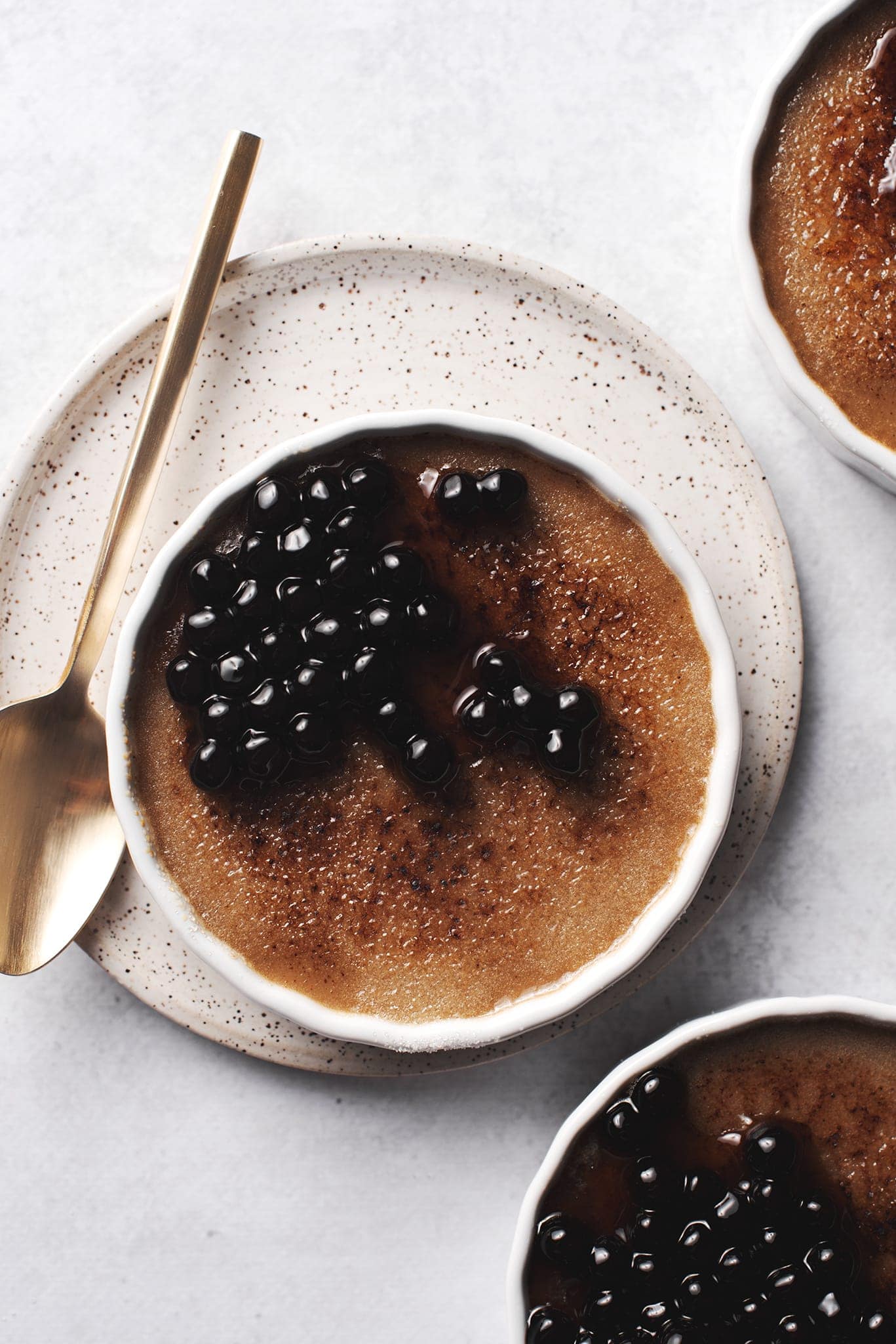crème brûlée in a ramekin topping with tapioca pearls