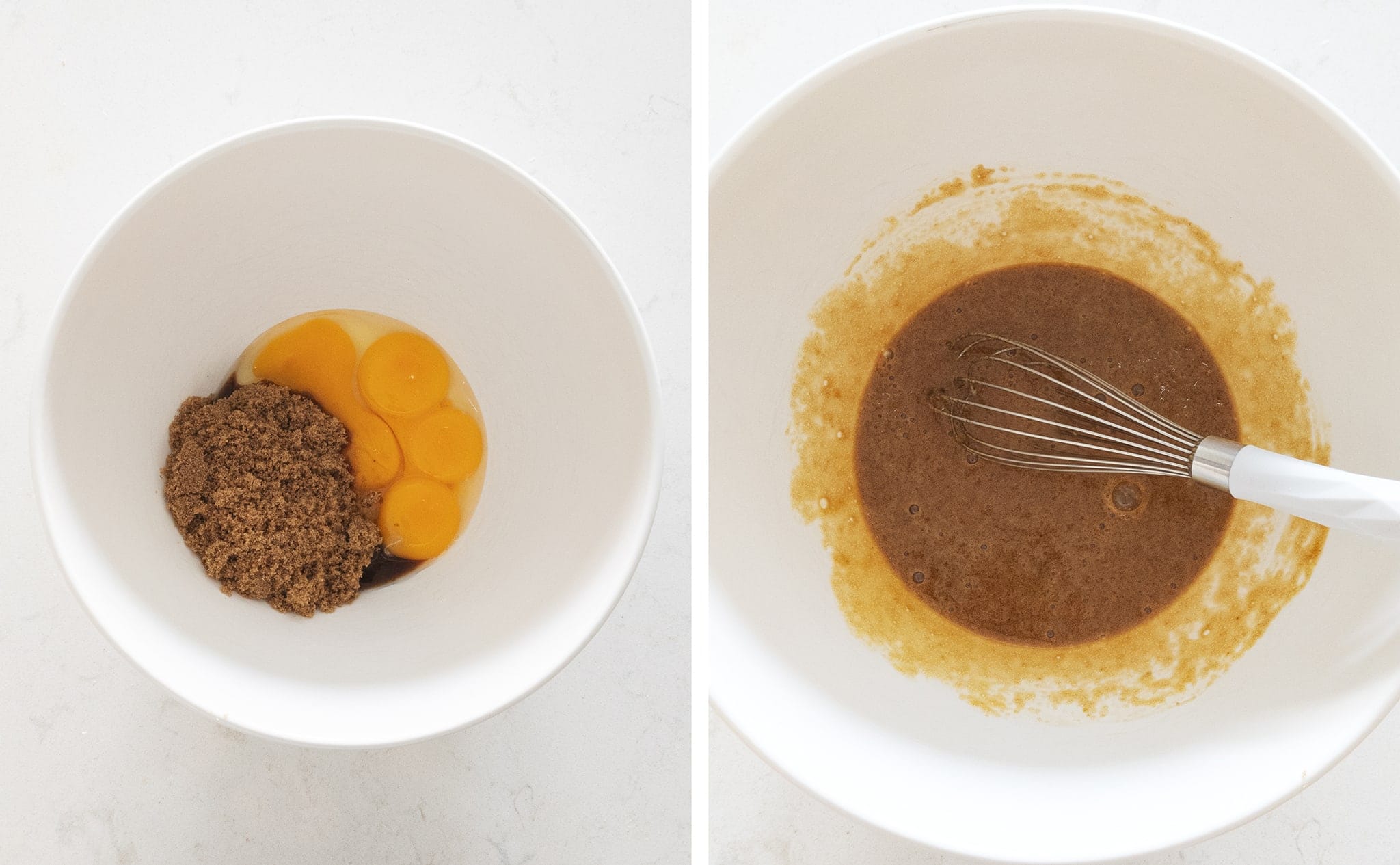 whisking eggs and sugar in a mixing bowl
