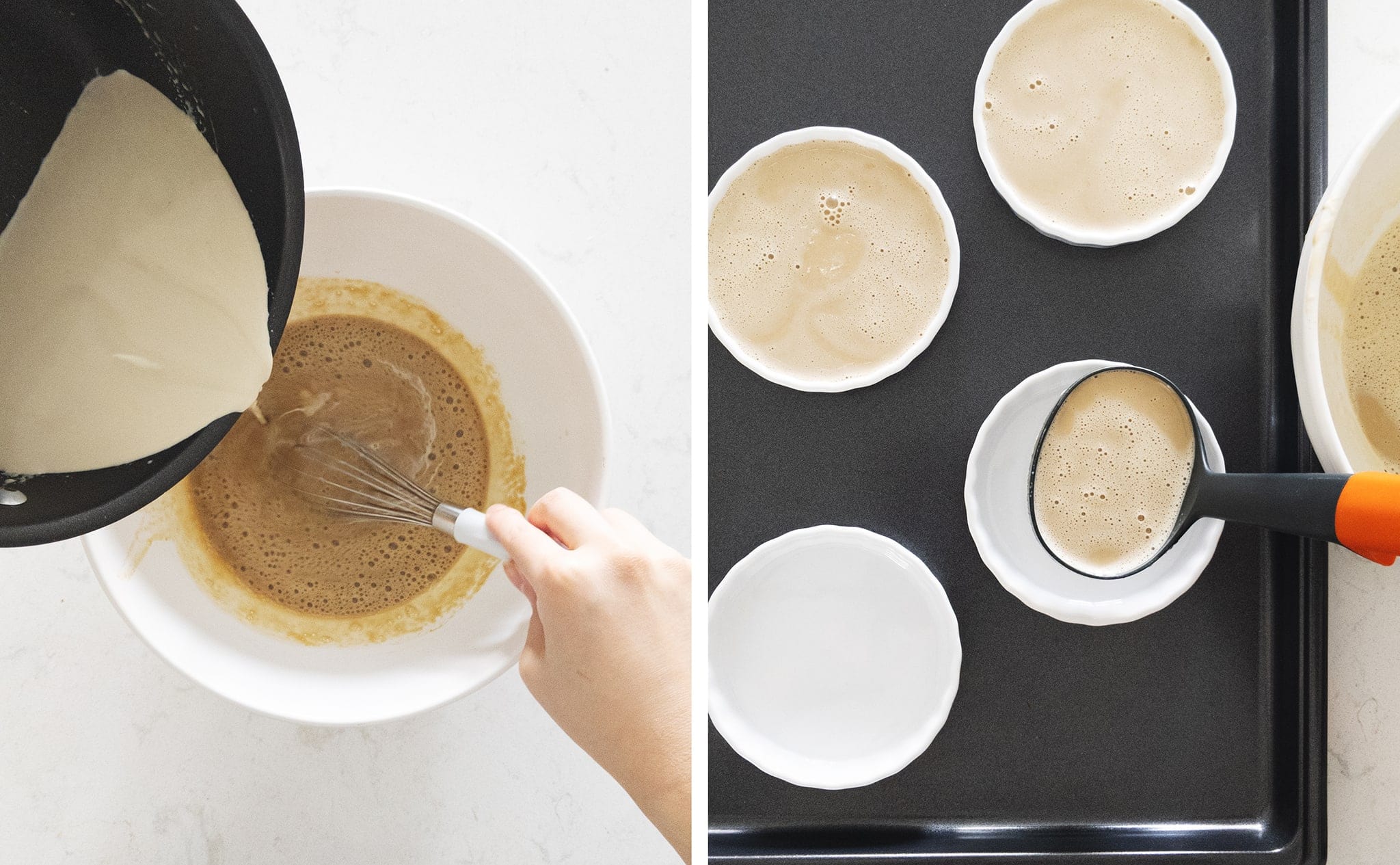pouring milk tea custard into ramekins