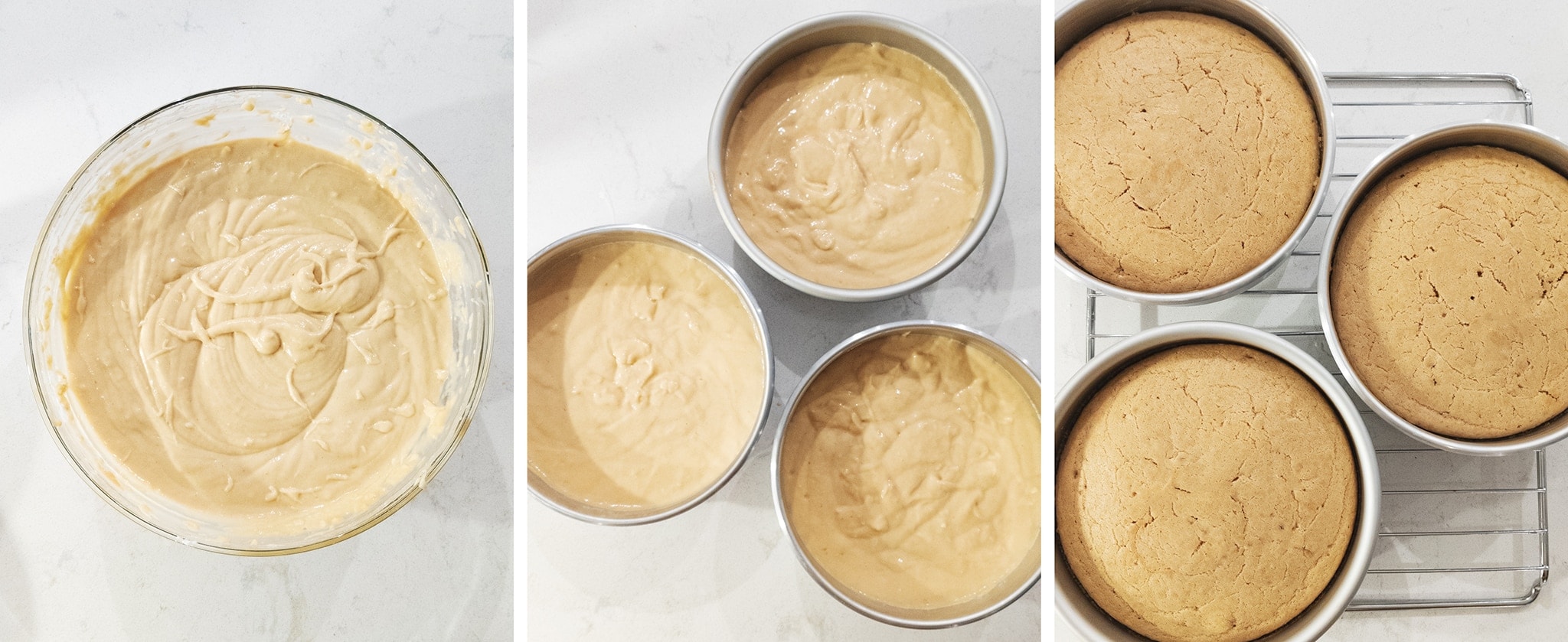 cake batter in three cake pans