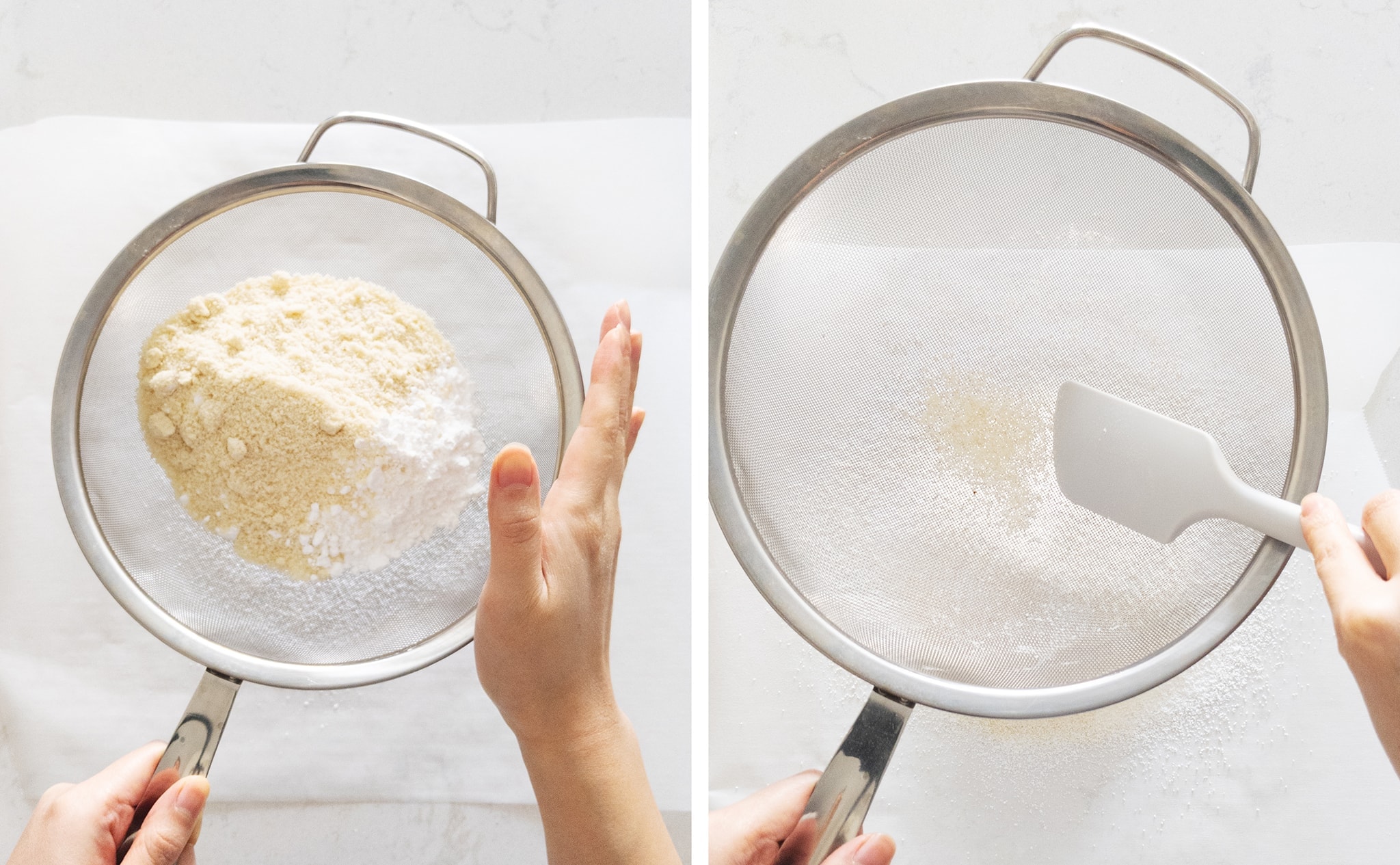 sifting almond flour through a sieve
