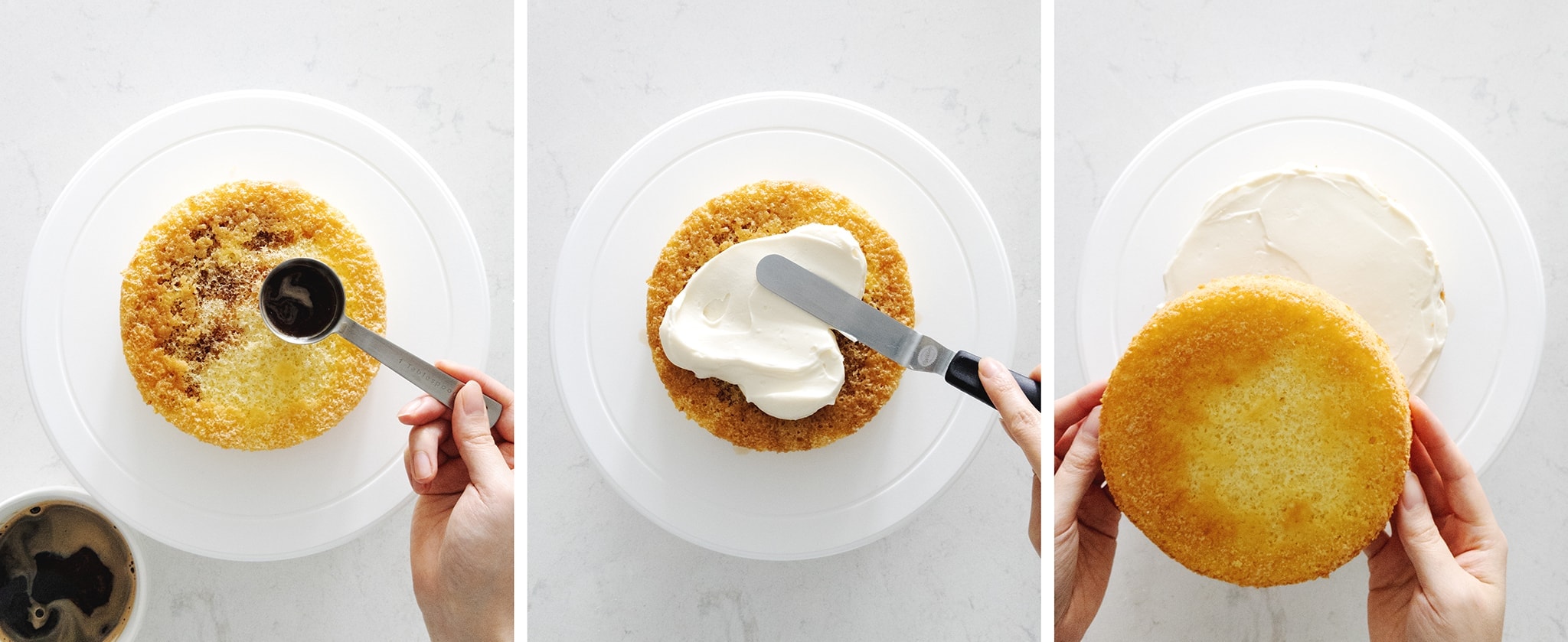 Soaking cake layers in espresso and spreading frosting
