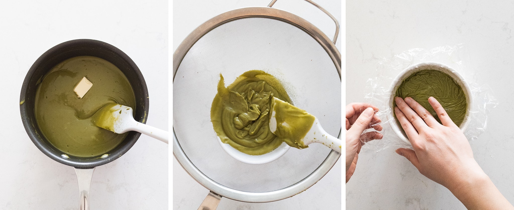 Pushing matcha pastry cream through a sieve