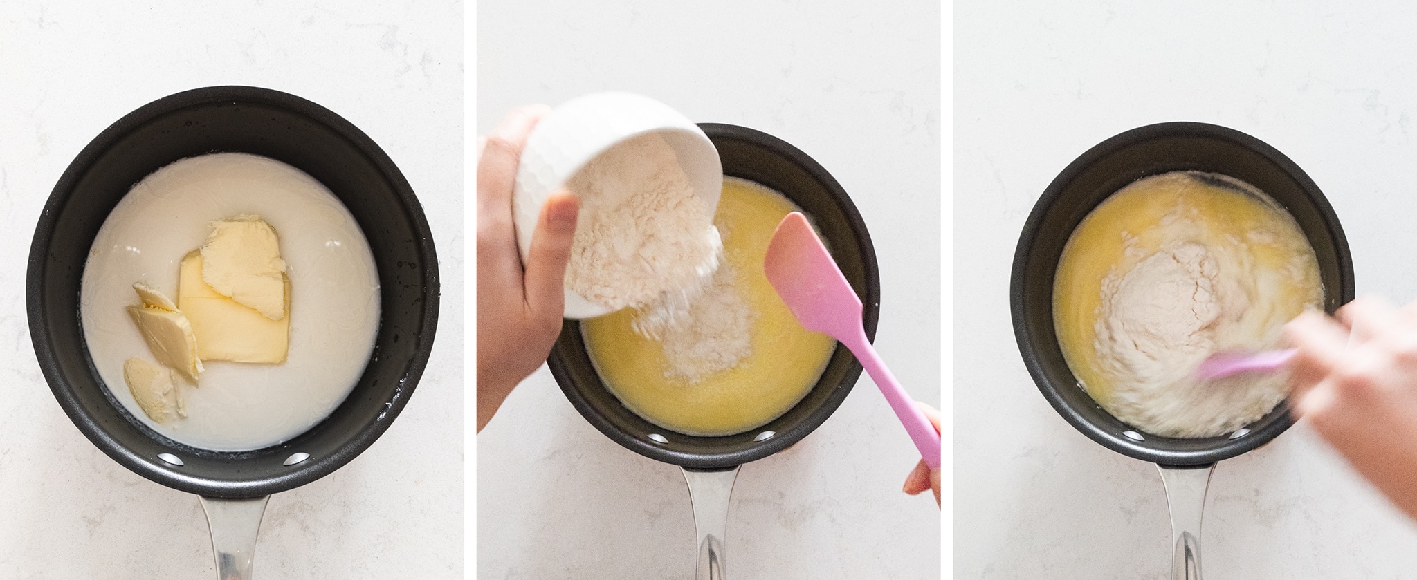 Stirring flour into simmering butter, milk, and water mixture
