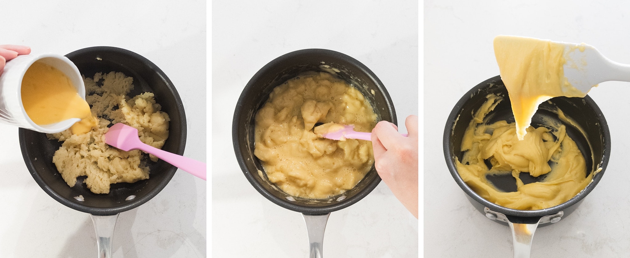 Mixing eggs into choux dough until the correct consistency