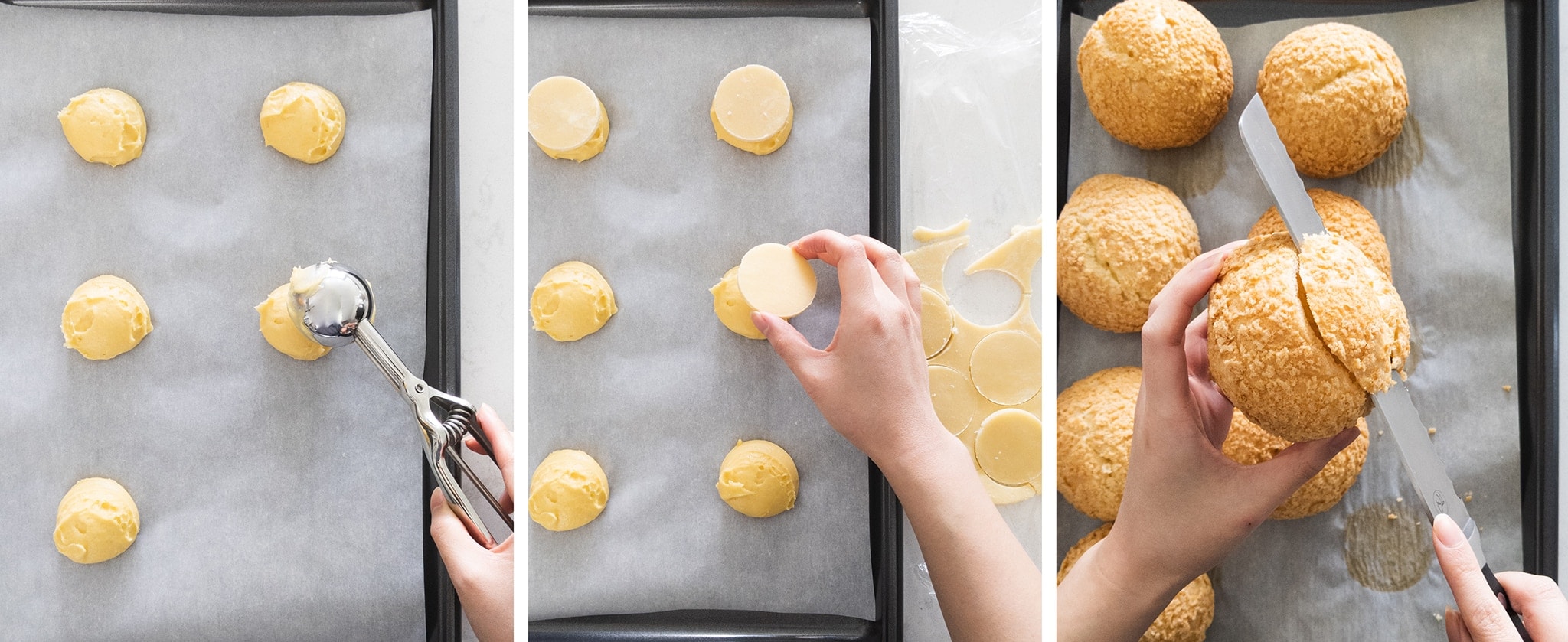 Choux au craquelin before and after baking