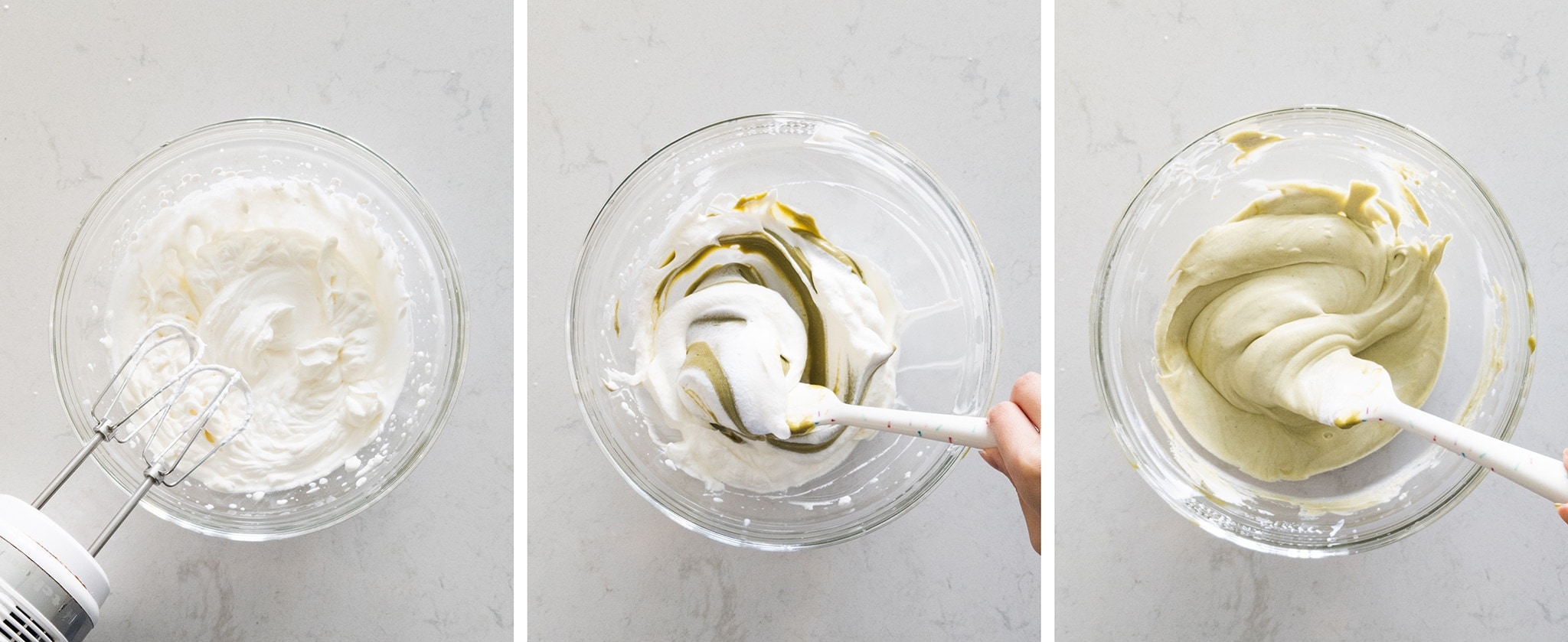 Folding together whipped cream and pastry cream to make diplomat cream