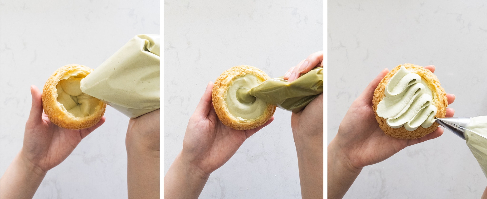 Piping matcha diplomat cream and pastry cream into choux