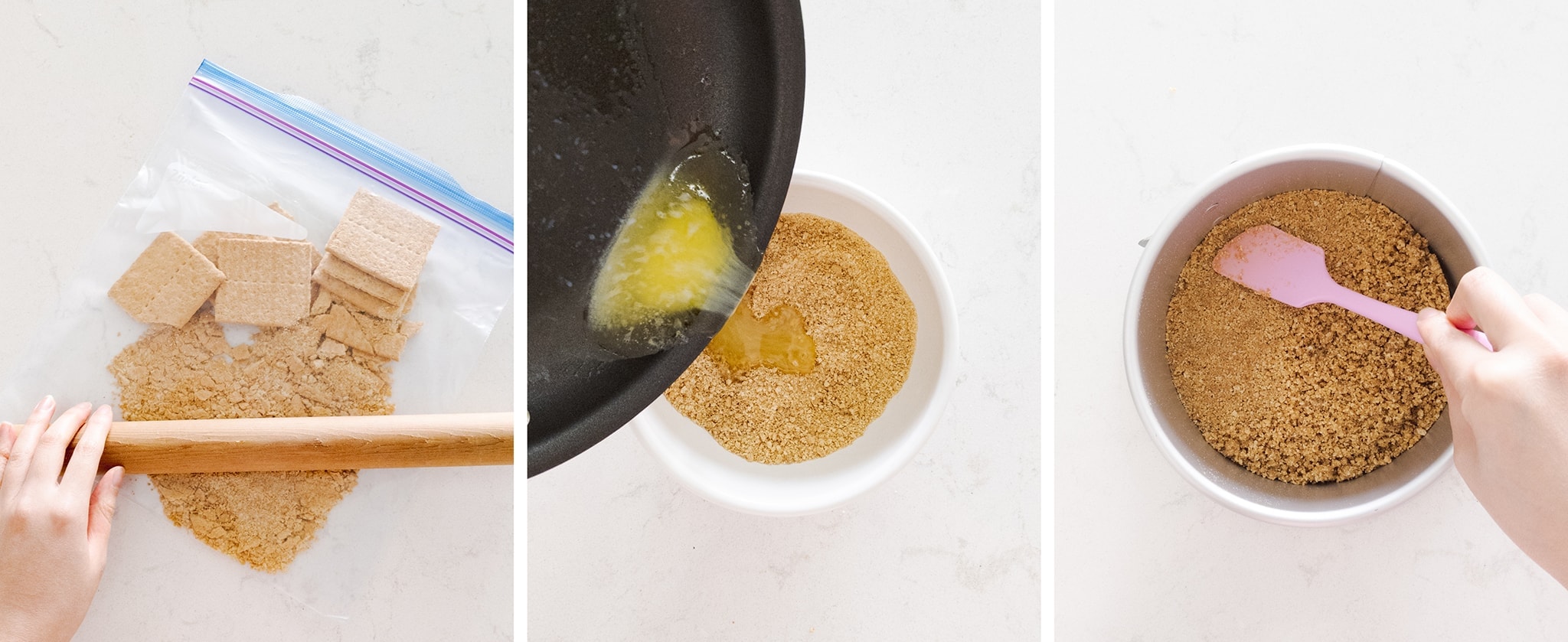 Crushing graham crackers and pressing them into pan