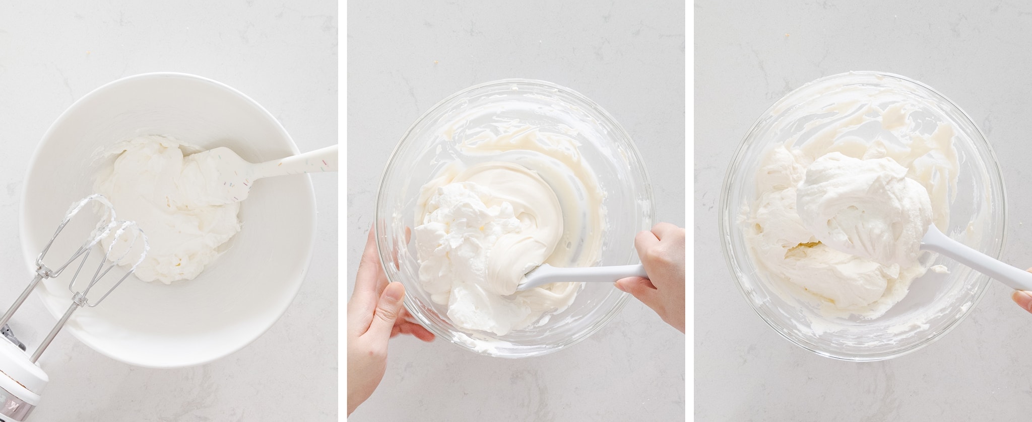 Folding whipped cream and cream cheese together