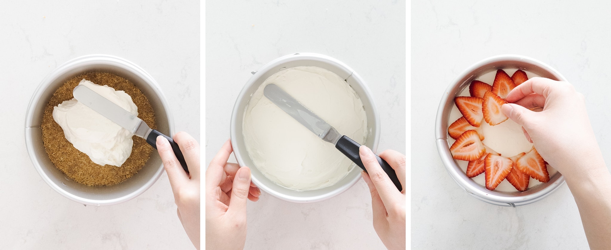 Spreading cheesecake on top of crust and arranging strawberry slices on top