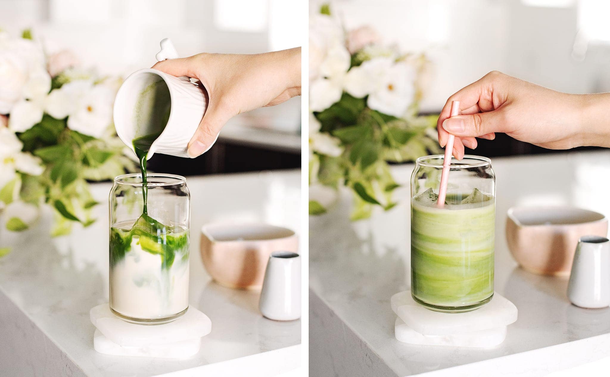 Pouring matcha into oat milk and stirring together