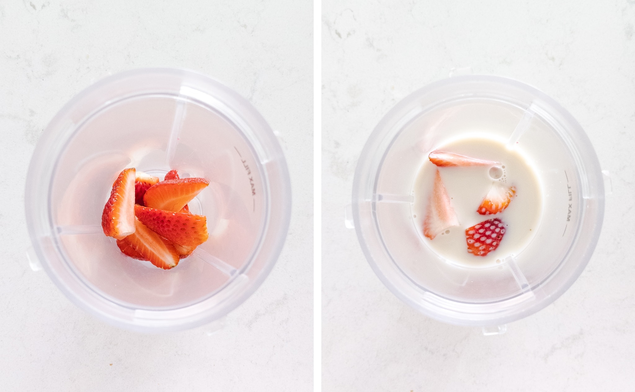strawberries in a blender cup with heavy cream and milk