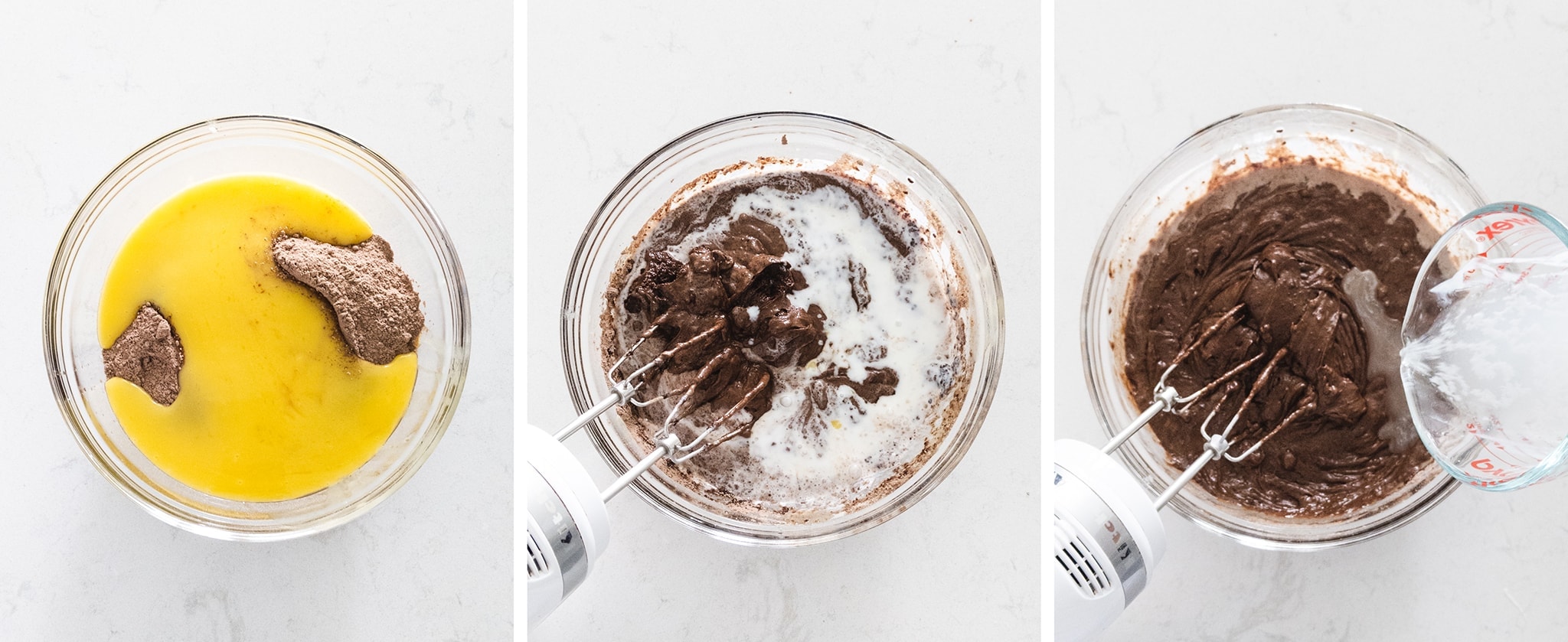 Mixing chocolate cake batter in bowl