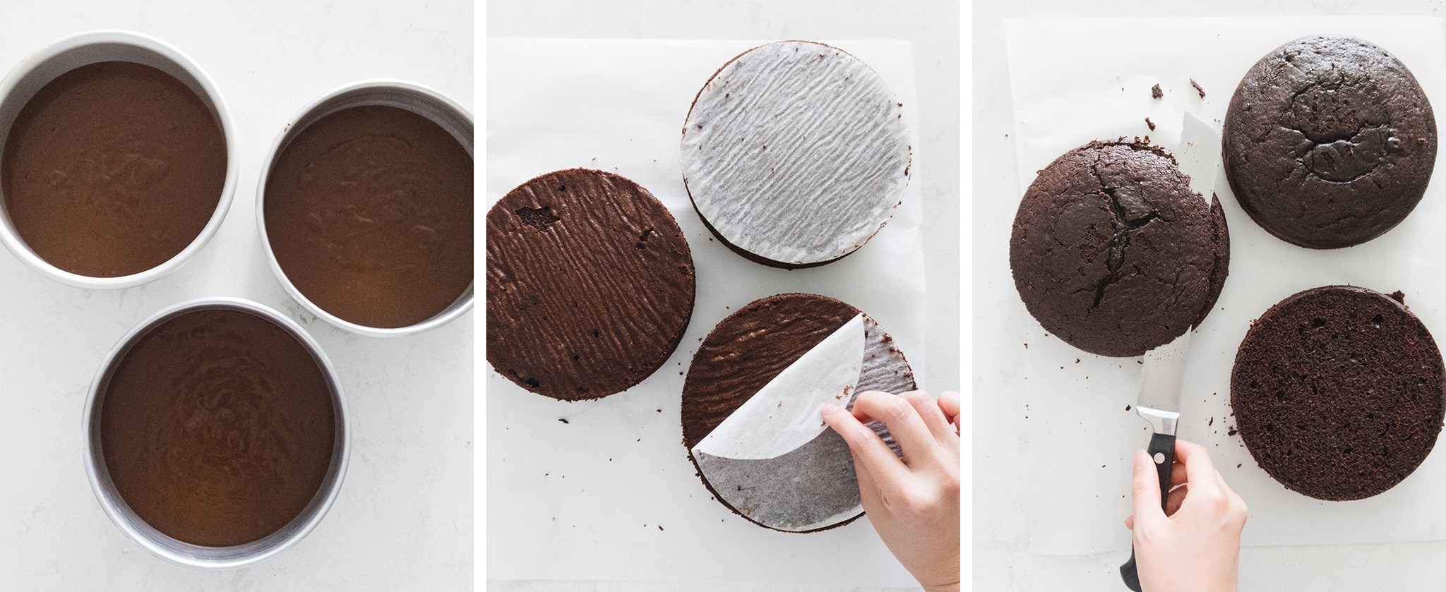 Three chocolate cake layers before and after baking