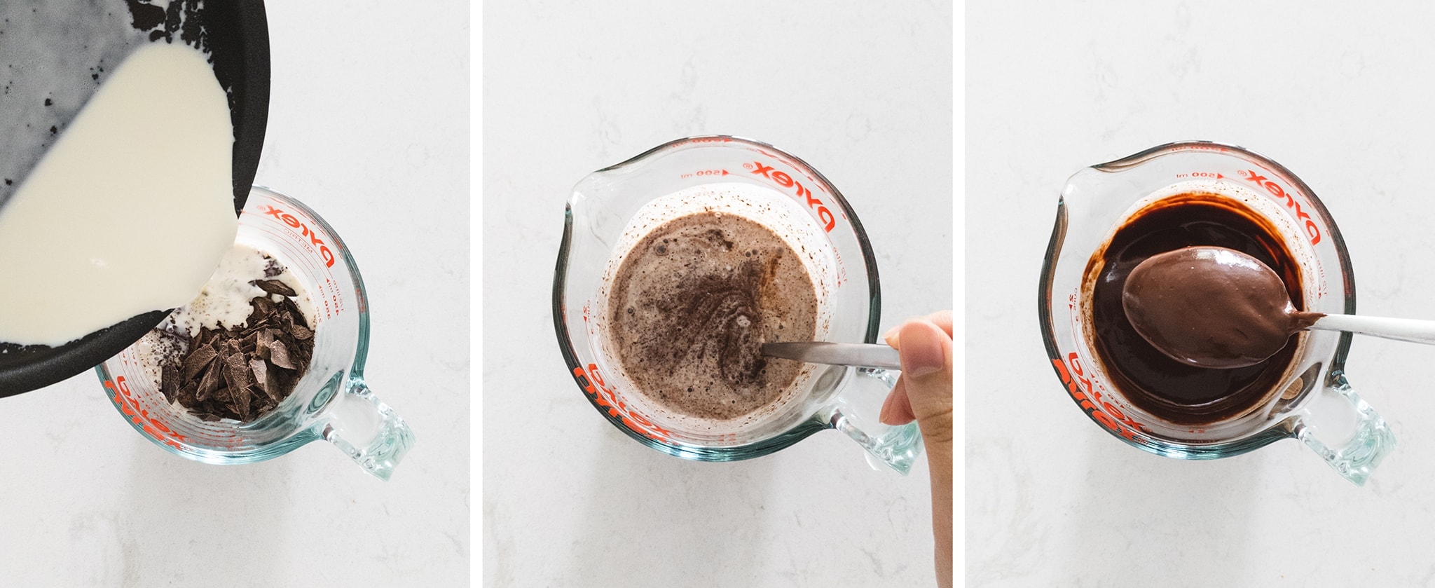 Pouring heavy cream over chocolate to make ganache