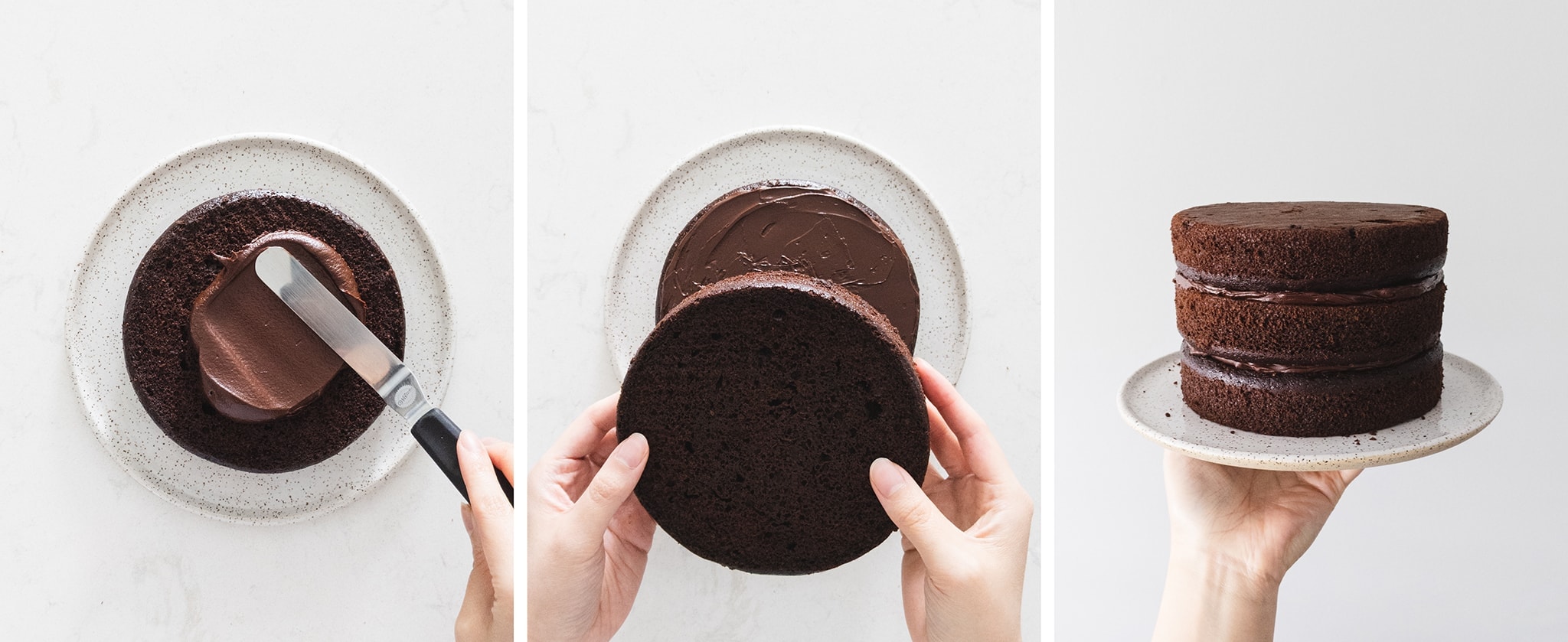 Spreading chocolate ganache on cake and stacking cake layers