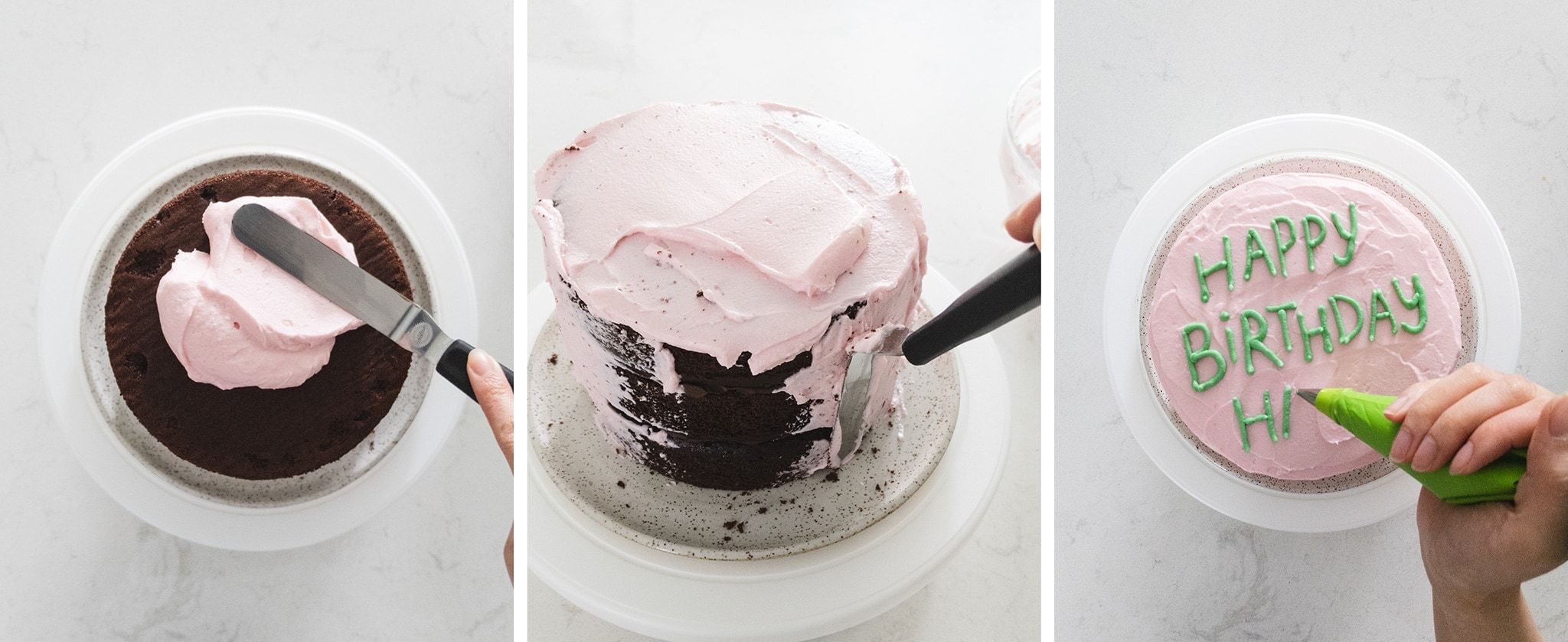 Frosting Harry Potter birthday cake with pink frosting and lettering with green frosting