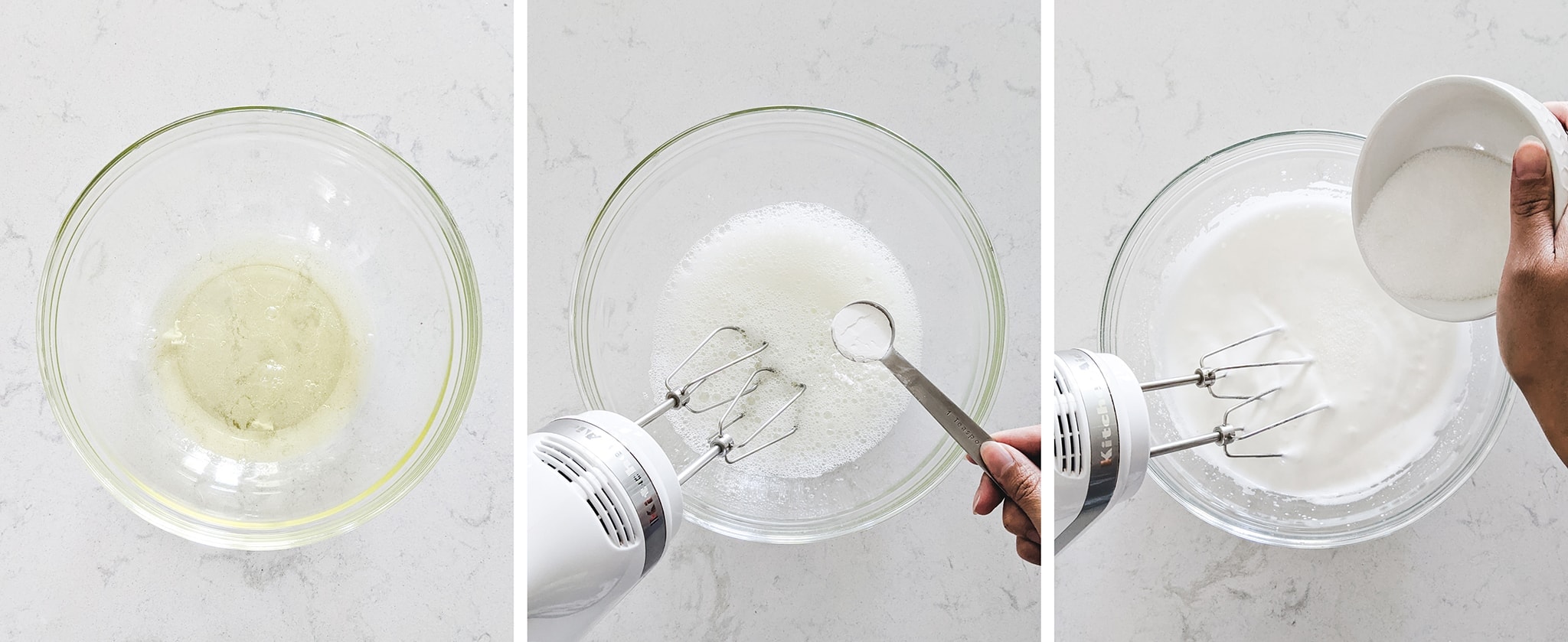 Beating egg whites into meringue in mixing bowl