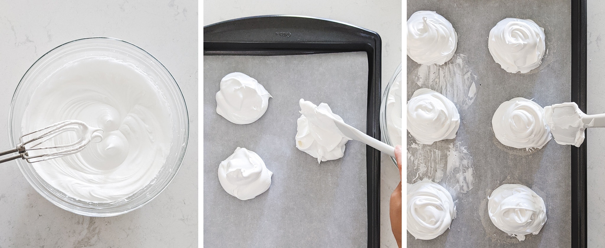 Shaping mounds of meringue on baking sheet