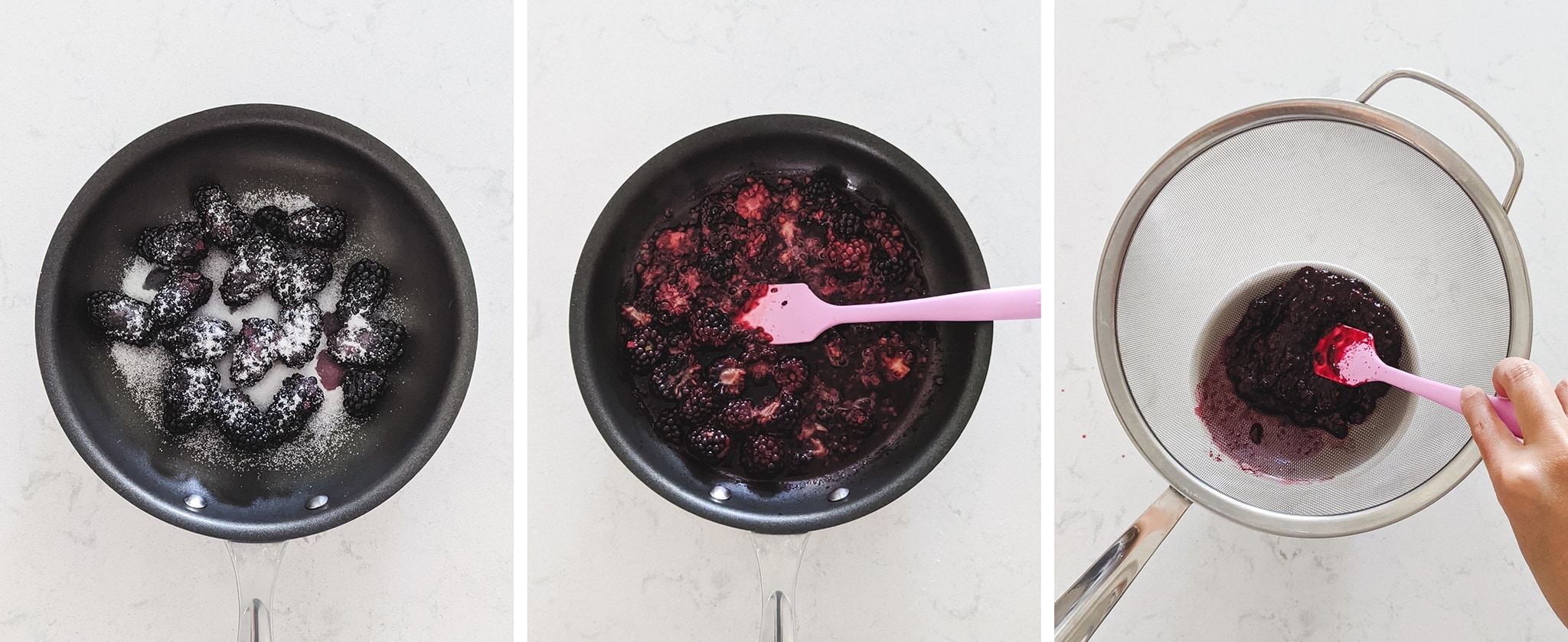 Cooking down blackberries into sauce in a pan