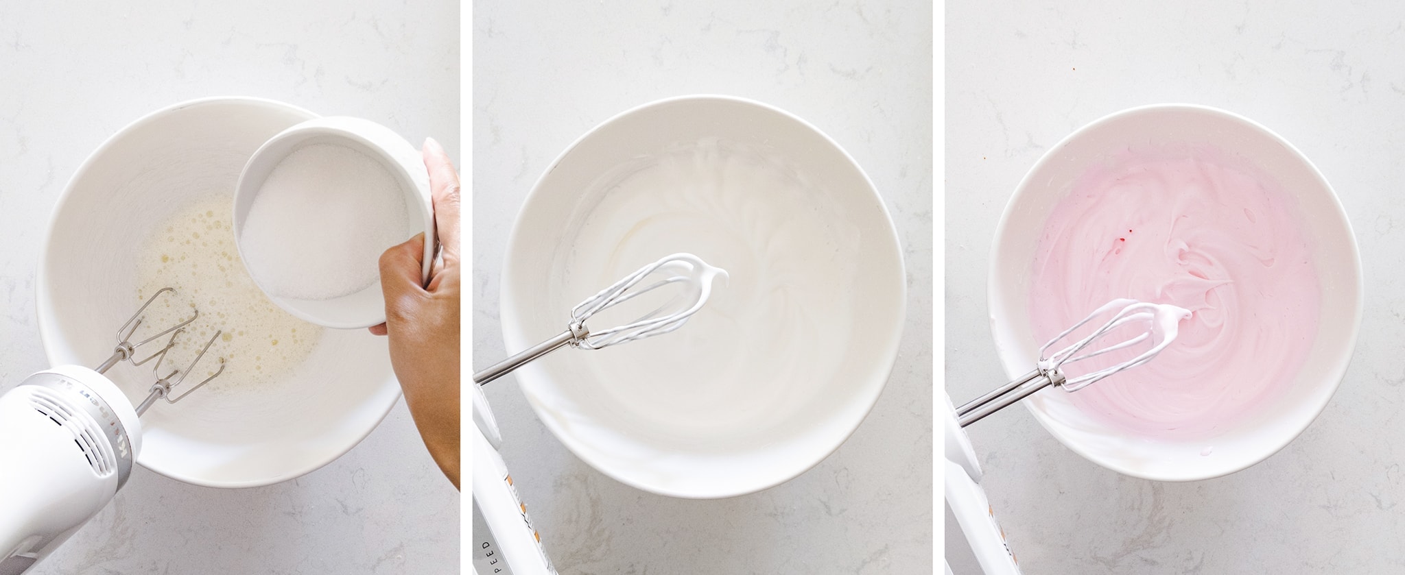 Whipping egg white meringue in a mixing bowl