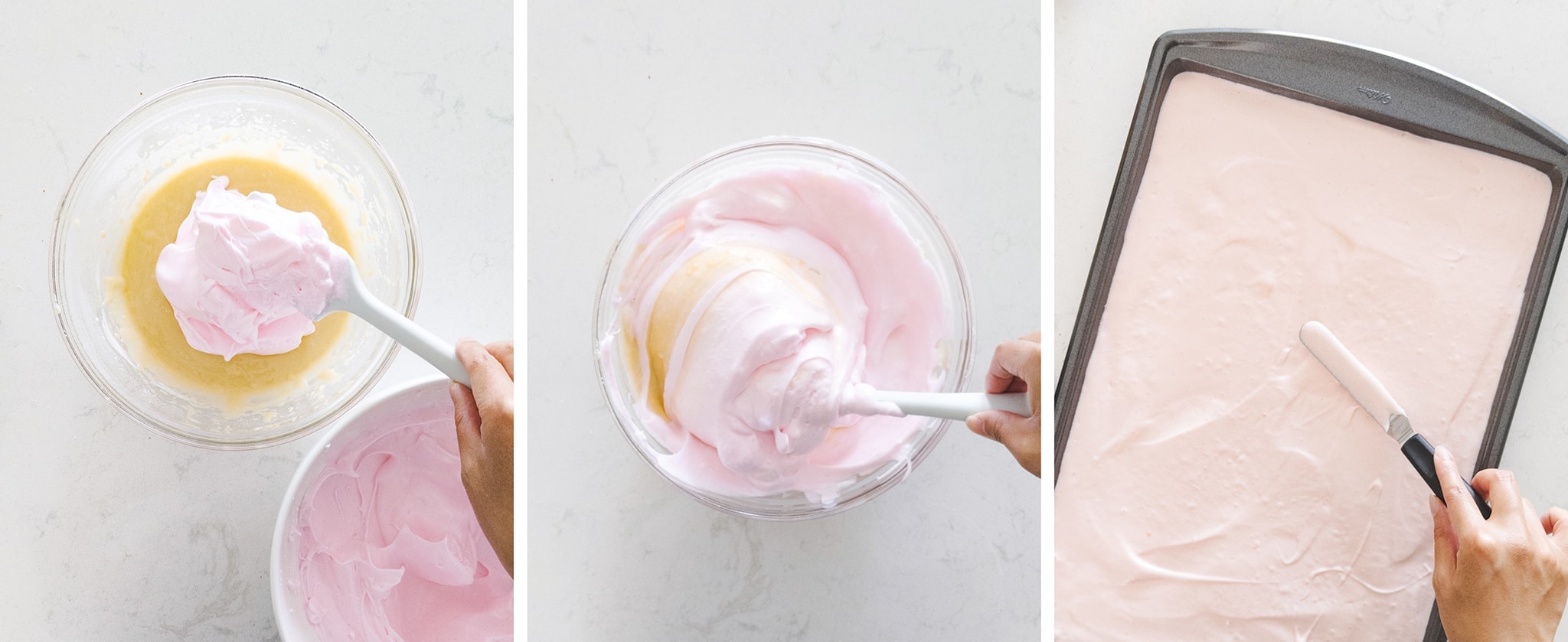 Folding meringue with cake batter to make a fluffy sponge cake batter