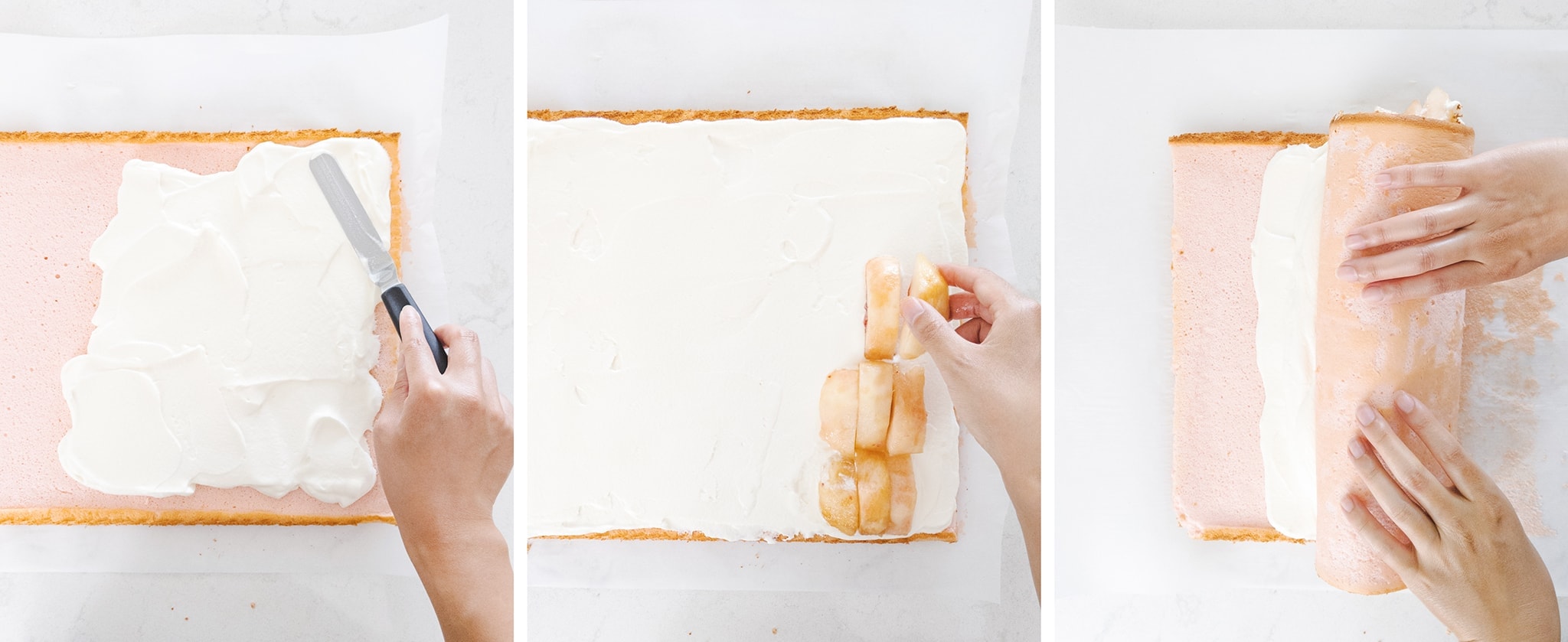 Assembling and rolling a white peach swiss roll with whipped cream and peach slices