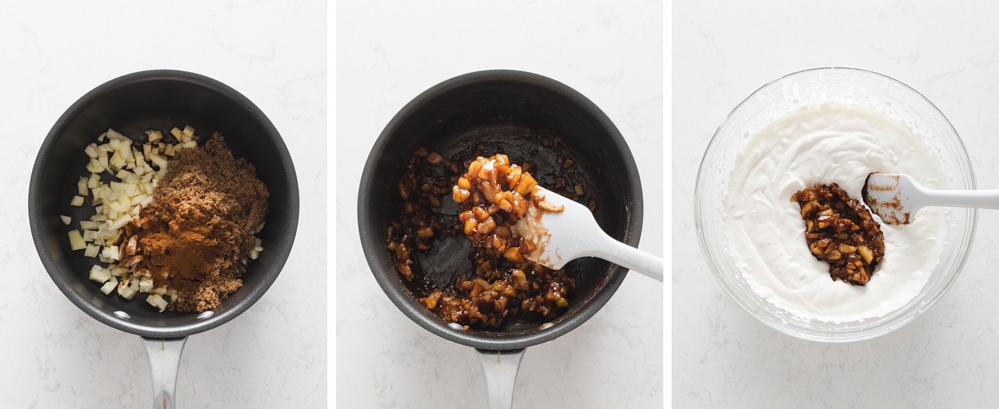 Cooking cinnamon apples and mixing with whipped cream