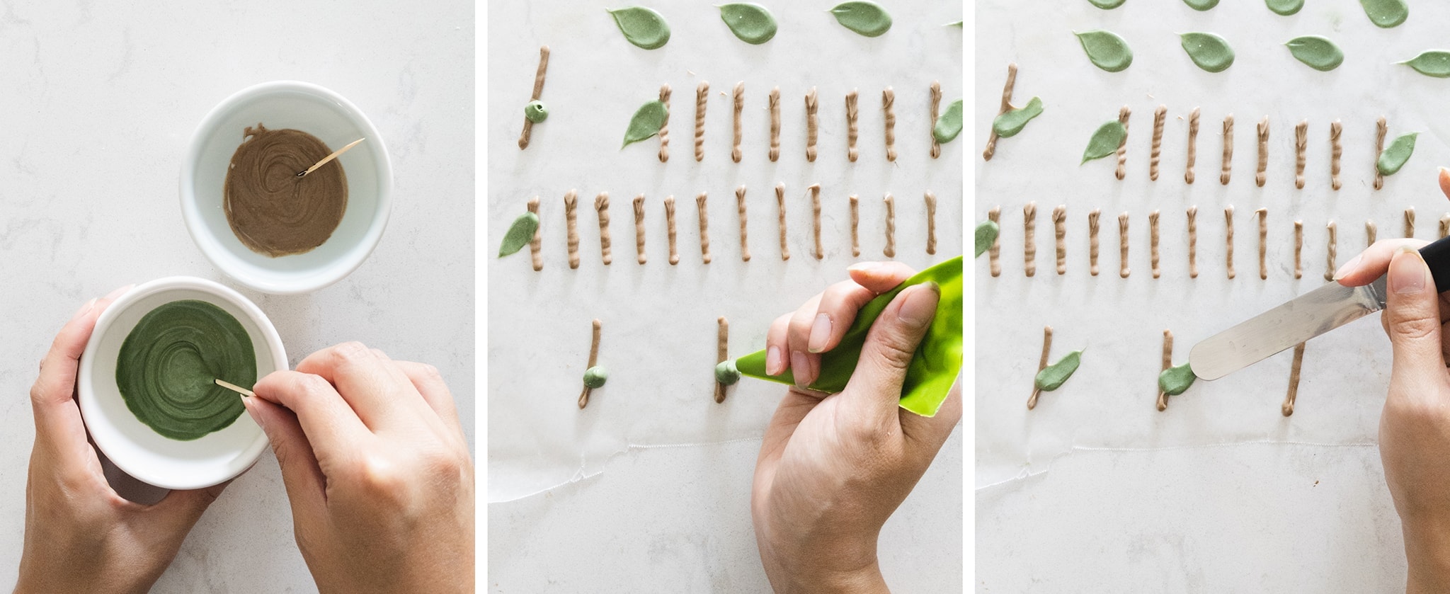 Piping white chocolate stems and leaves
