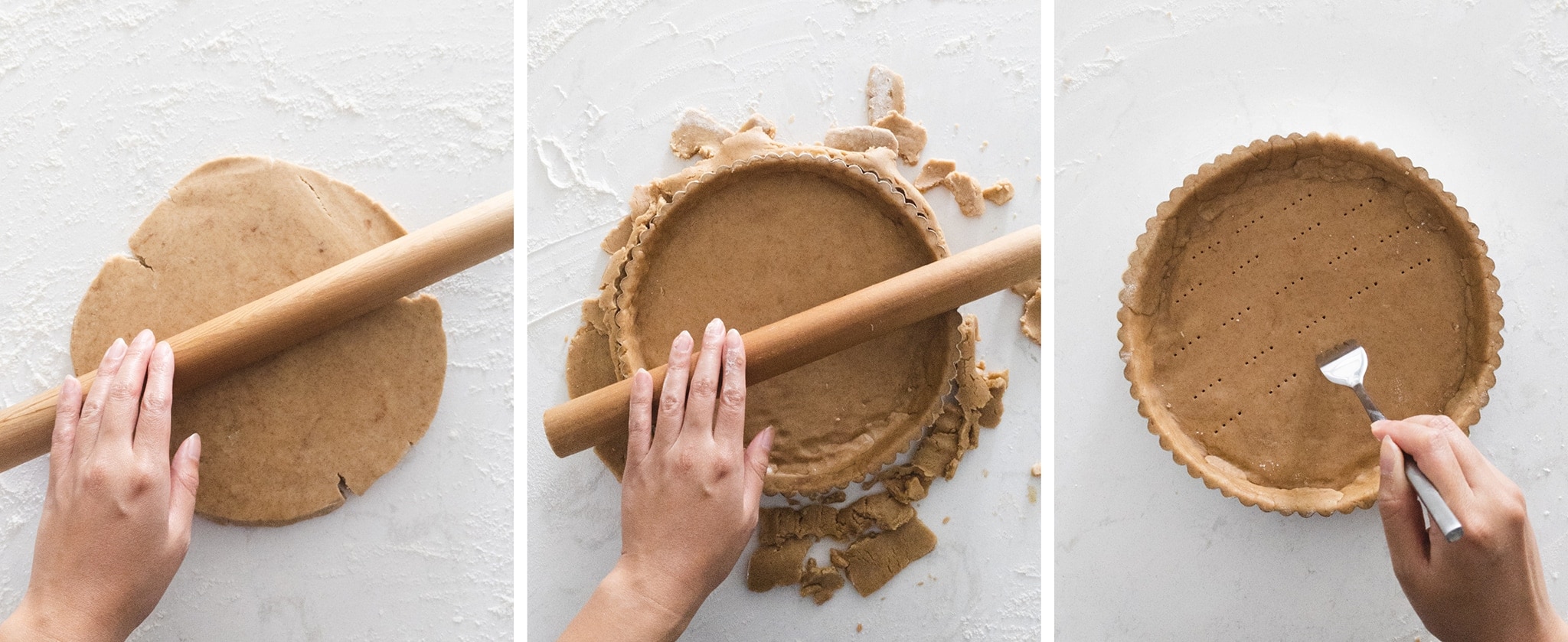 Rolling out shortcrust tart dough into tart pan