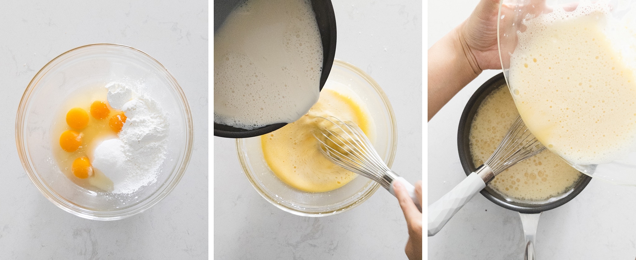 Pouring hot milk into eggs to temper them
