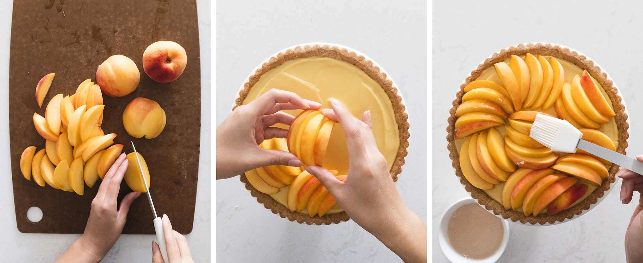 Arranging peach slices on top of custard tart