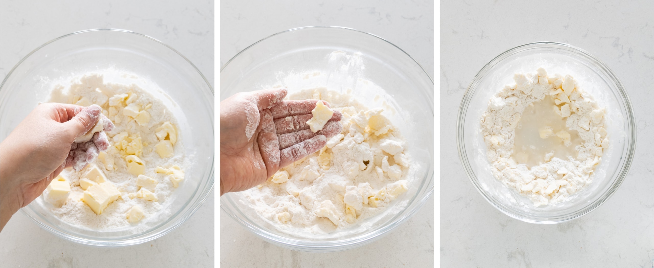Cutting butter pieces into flour for galette dough